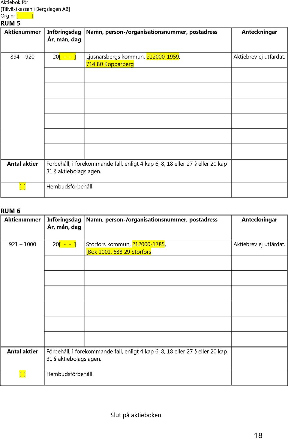 [ ] Hembudsförbehåll RUM 6 Aktienummer Införingsdag År, mån, dag Namn, person-/organisationsnummer, postadress Anteckningar 921 1000 20[ - - ] Storfors kommun, 212000-1785, [Box 1001,