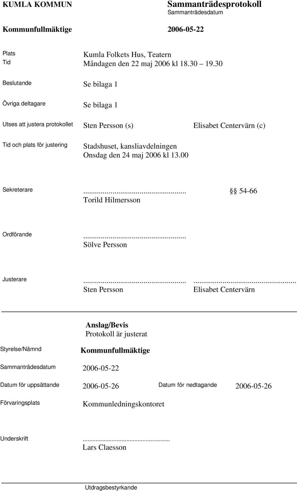 Stadshuset, kansliavdelningen Onsdag den 24 maj 2006 kl 13.00 Sekreterare... 54-66 Torild Hilmersson Ordförande... Sölve Persson Justerare.