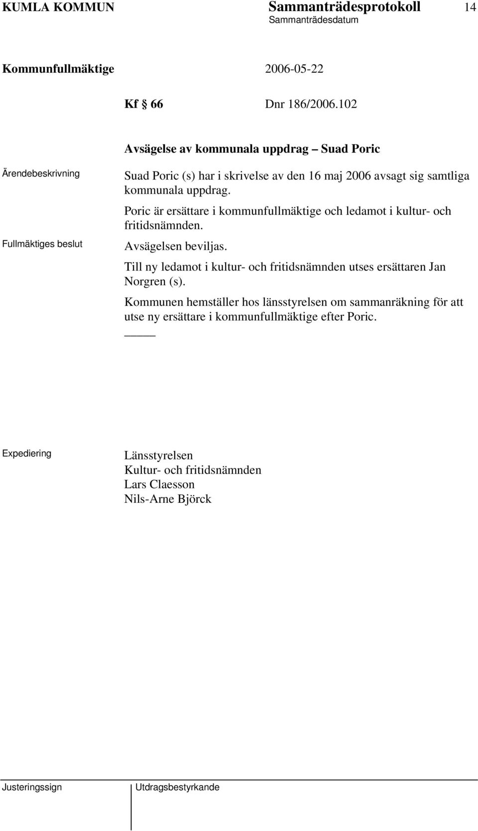 Poric är ersättare i kommunfullmäktige och ledamot i kultur- och fritidsnämnden. Avsägelsen beviljas.