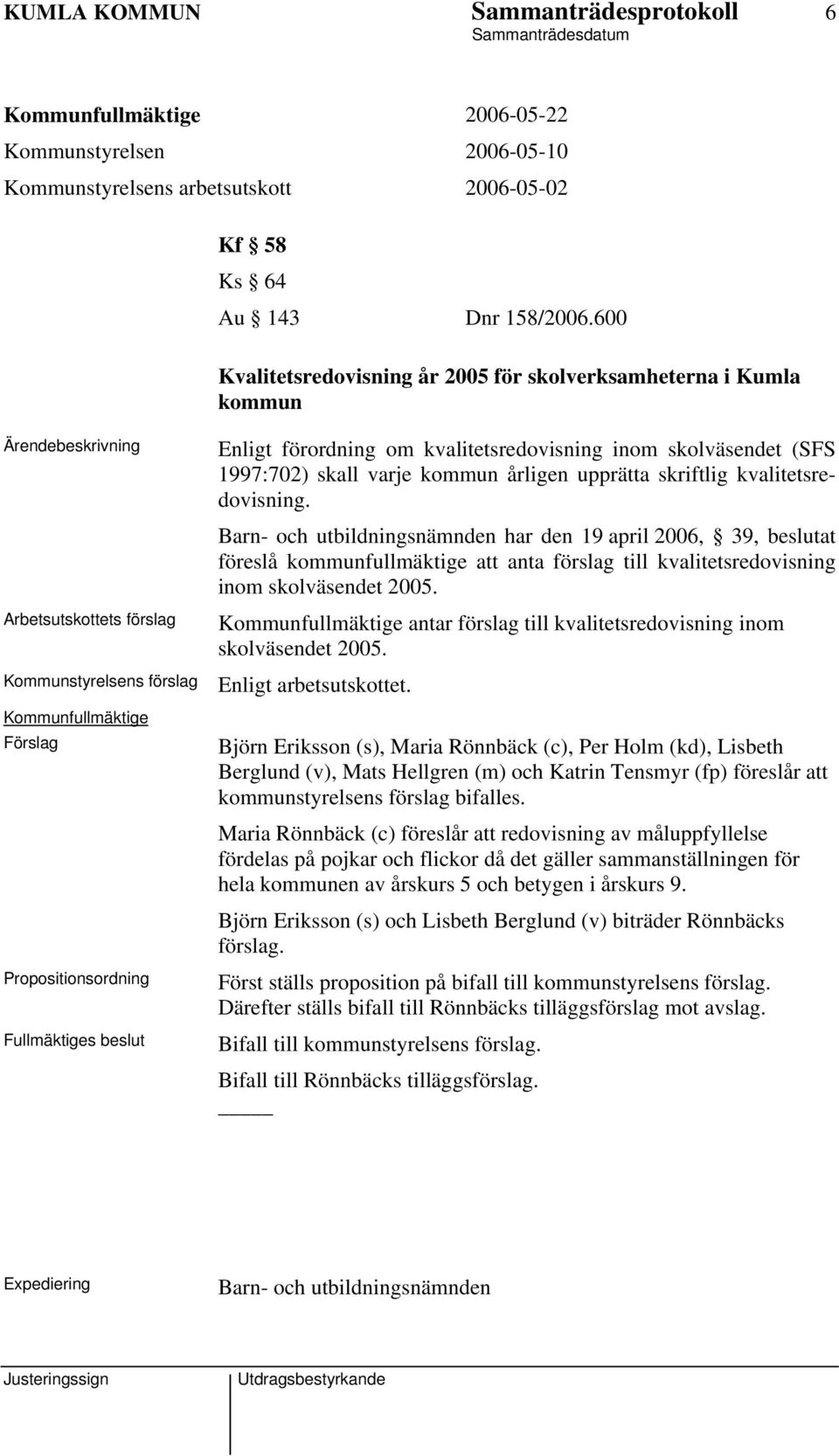 kvalitetsredovisning inom skolväsendet (SFS 1997:702) skall varje kommun årligen upprätta skriftlig kvalitetsredovisning.