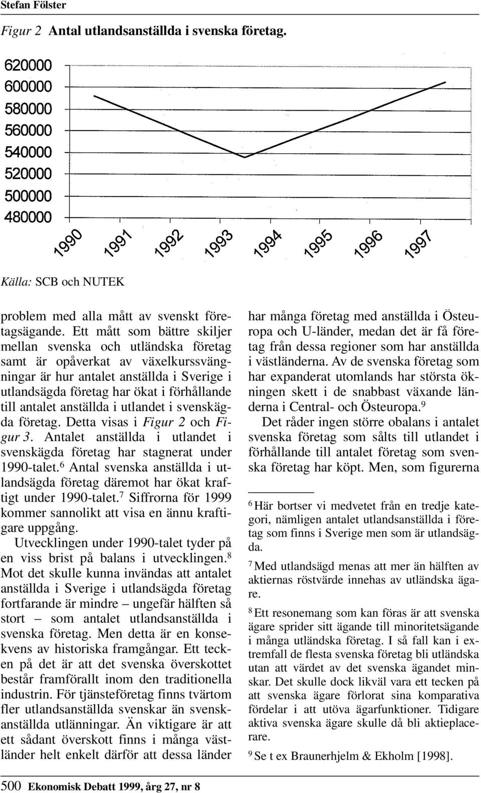 anställda i utlandet i svenskägda företag. Detta visas i Figur 2 och Figur 3. Antalet anställda i utlandet i svenskägda företag har stagnerat under 1990-talet.