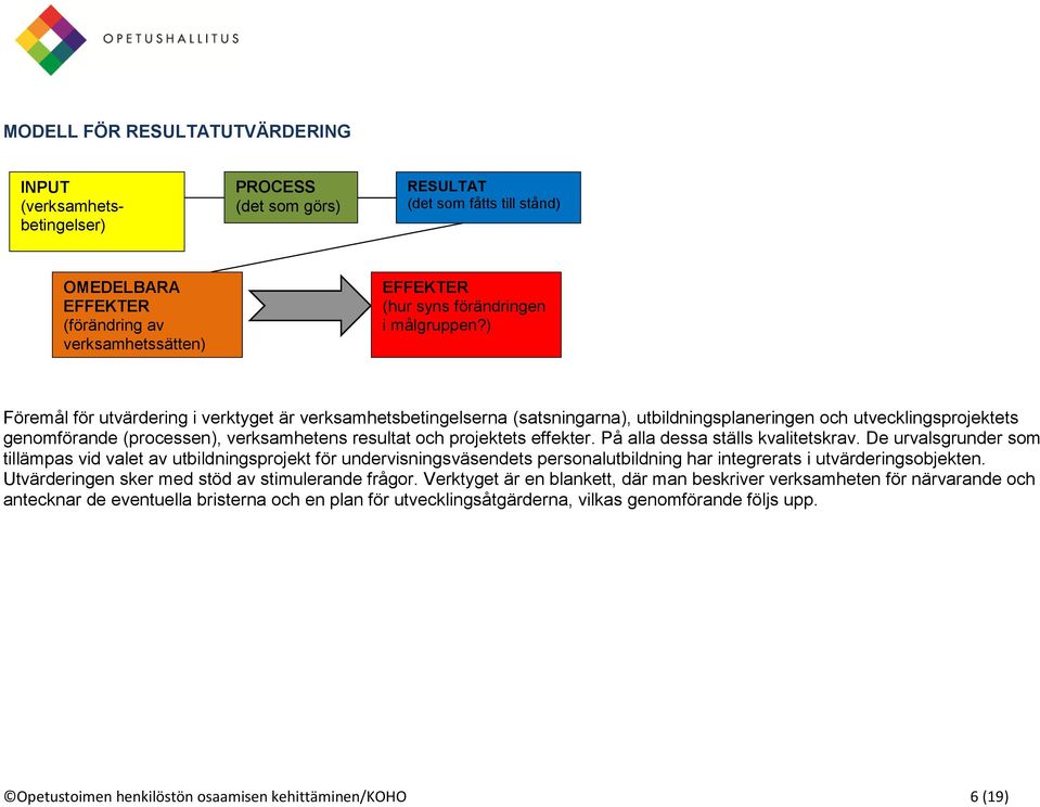 ) Föremål för utvärdering i verktyget är verksamhetsbetingelserna (satsningarna), utbildningsplaneringen och utvecklingsprojektets genomförande (processen), verksamhetens resultat och projektets