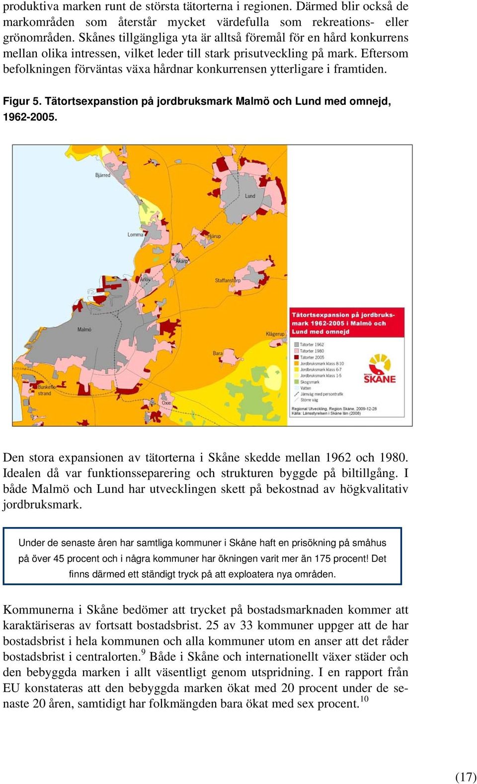 Eftersom befolkningen förväntas växa hårdnar konkurrensen ytterligare i framtiden. Figur 5. Tätortsexpanstion på jordbruksmark Malmö och Lund med omnejd, 1962-2005.