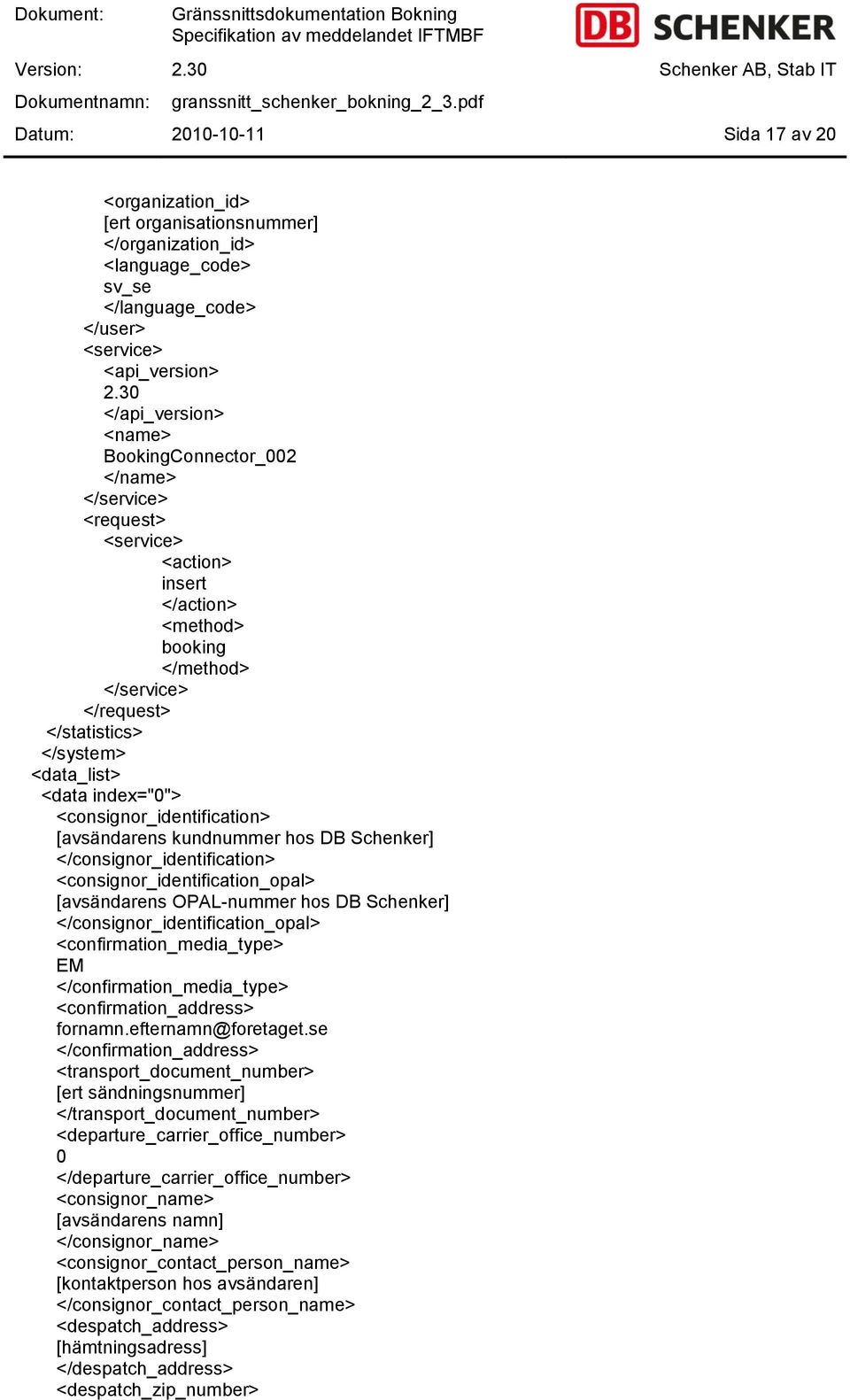 <data index="0"> <consignor_identification> [avsändarens kundnummer hos DB Schenker] </consignor_identification> <consignor_identification_opal> [avsändarens OPAL-nummer hos DB Schenker]