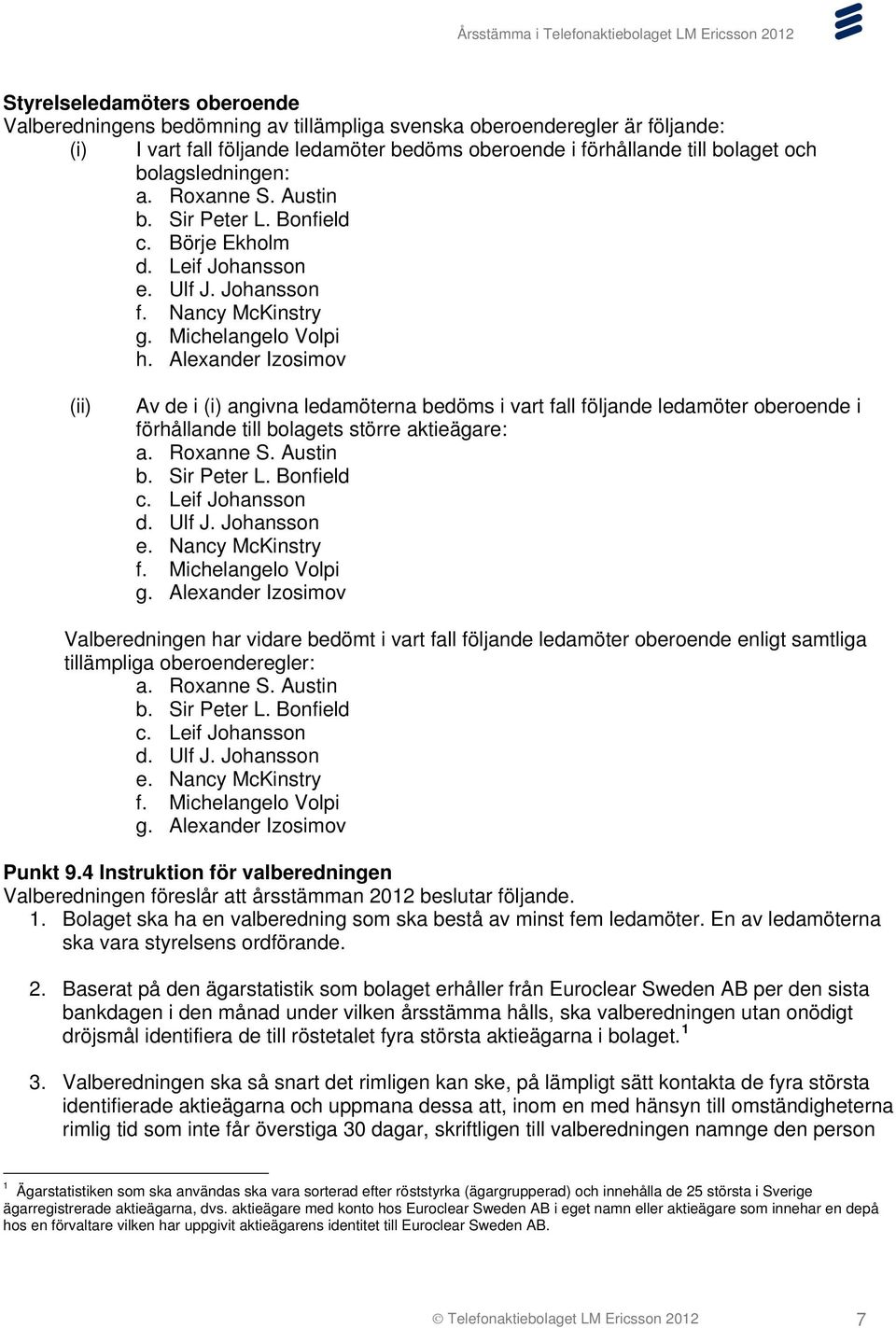 Alexander Izosimov (ii) Av de i (i) angivna ledamöterna bedöms i vart fall följande ledamöter oberoende i förhållande till bolagets större aktieägare: a. Roxanne S. Austin b. Sir Peter L. Bonfield c.