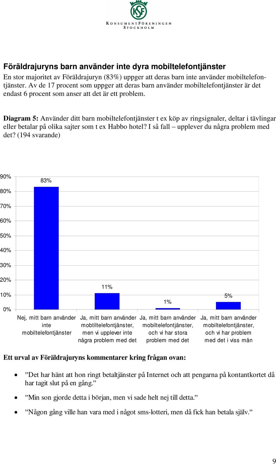 Diagram 5: Använder ditt barn mobiltelefontjänster t ex köp av ringsignaler, deltar i tävlingar eller betalar på olika sajter som t ex Habbo hotel? I så fall upplever du några problem med det?