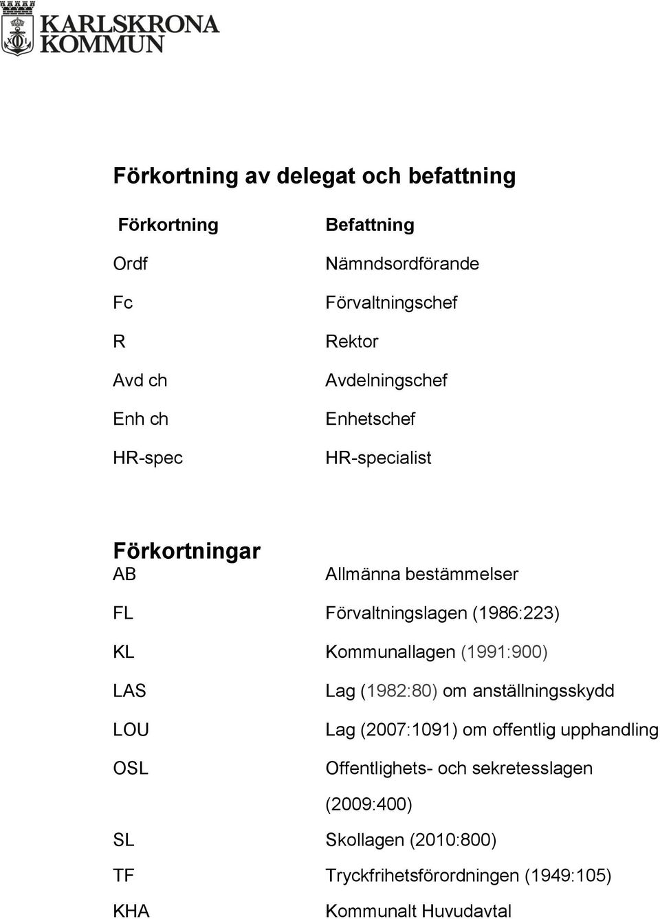 Kommunallagen (1991:900) LAS LOU OSL Lag (1982:80) om anställningsskydd Lag (2007:1091) om offentlig upphandling