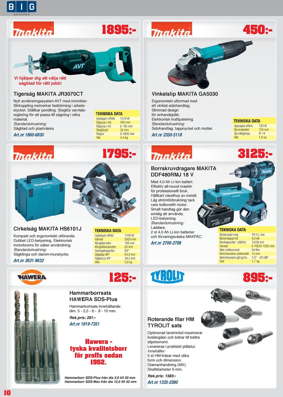 TEKNISKA Upptagen effekt Sågdjup i trä Sågdjup i rör Slaglängd Slagtal Art.nr 1860-6830 1510 W 255 mm ø 130 mm 32 mm 0-2800 min 4,4 kg Ergonomiskt utformad med ett vinklat sidohandtag.