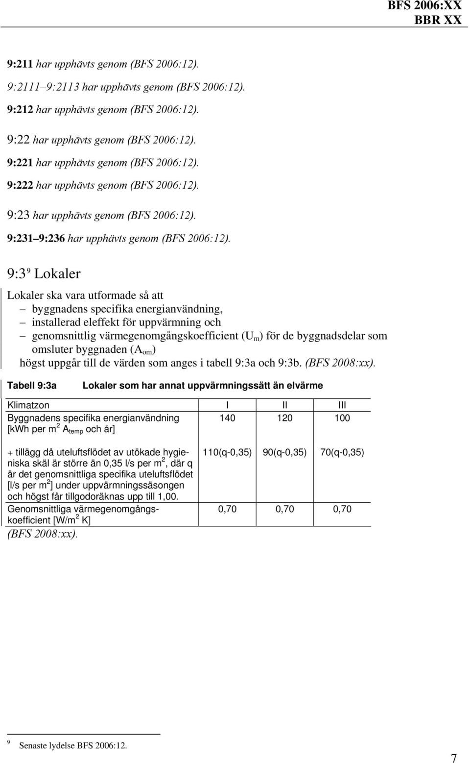 9:3 9 Lokaler Lokaler ska vara utformade så att byggnadens specifika energianvändning, installerad eleffekt för uppvärmning och genomsnittlig värmegenomgångskoefficient (U m ) för de byggnadsdelar