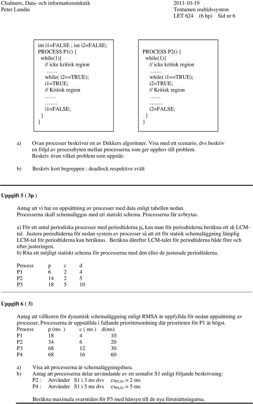Vsa med ett scenaro, dvs beskrv en följd av processbyten mellan processerna som ger upphov tll problem. Beskrv även vlket problem som uppstår.