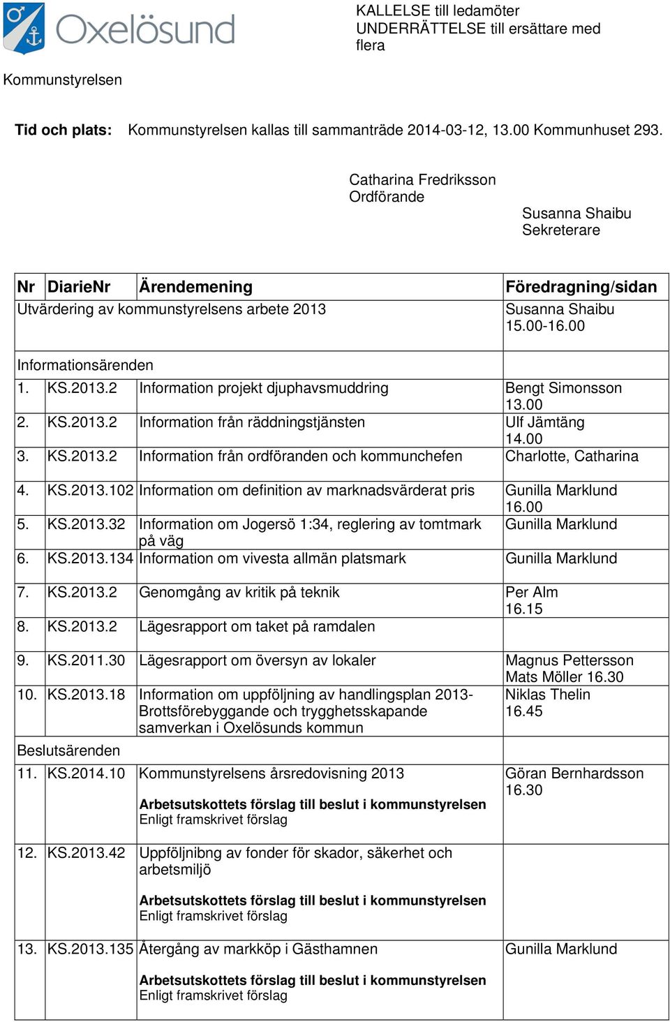 KS.2013.2 Information projekt djuphavsmuddring Bengt Simonsson 13.00 2. KS.2013.2 Information från räddningstjänsten Ulf Jämtäng 14.00 3. KS.2013.2 Information från ordföranden och kommunchefen Charlotte, Catharina 4.