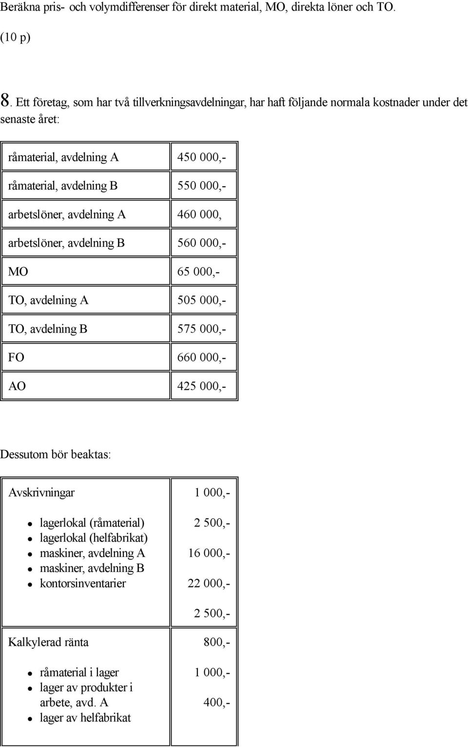 arbetslöner, avdelning A 460 000, arbetslöner, avdelning B 560 000,- MO 65 000,- TO, avdelning A 505 000,- TO, avdelning B 575 000,- FO 660 000,- AO 425 000,- Dessutom bör beaktas:
