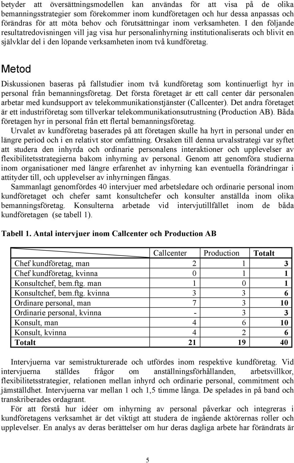 I den följande resultatredovisningen vill jag visa hur personalinhyrning institutionaliserats och blivit en självklar del i den löpande verksamheten inom två kundföretag.