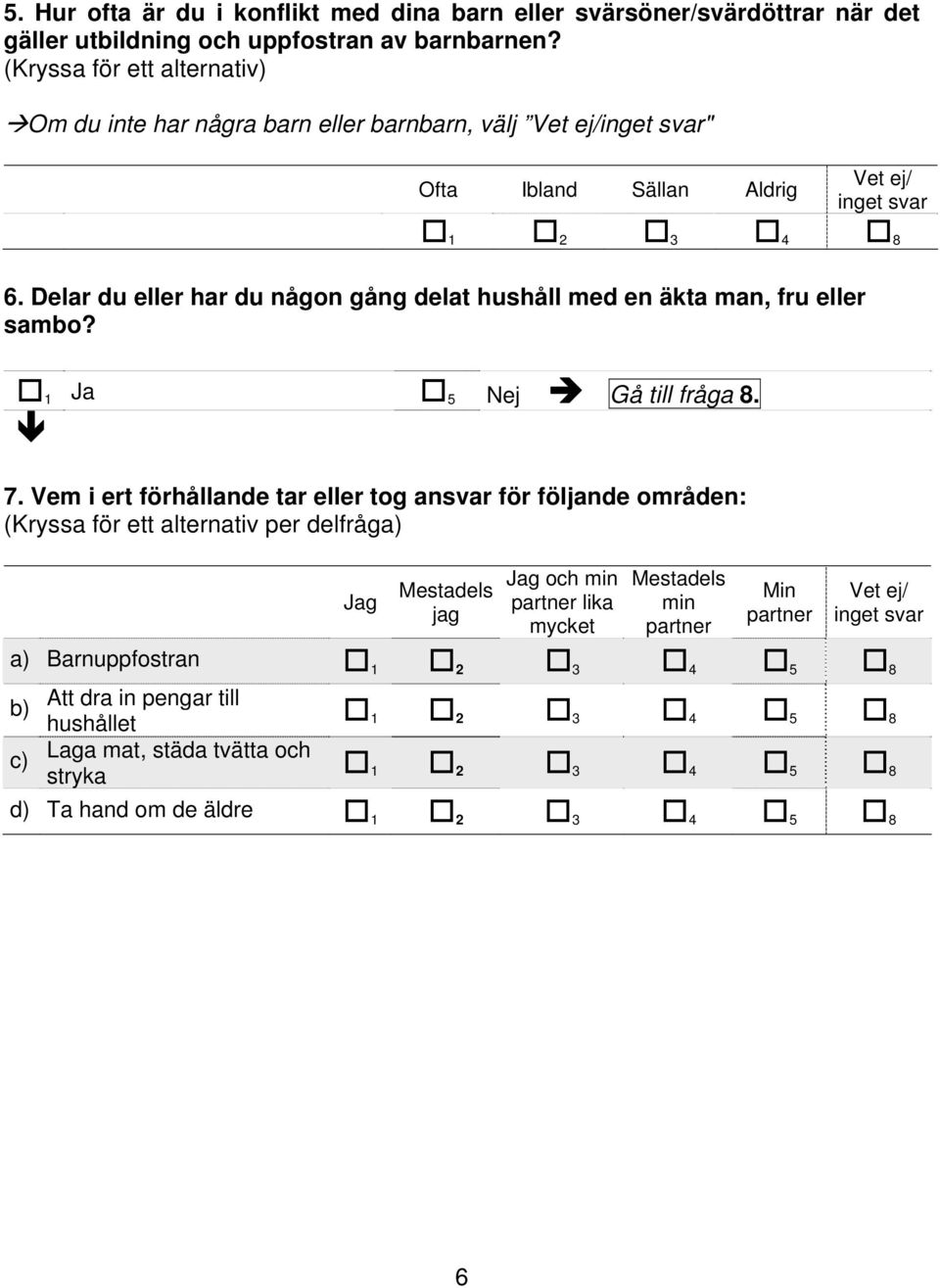 Delar du eller har du någon gång delat hushåll med en äkta man, fru eller sambo? 1 Ja 5 Nej Gå till fråga 8. 1 7.