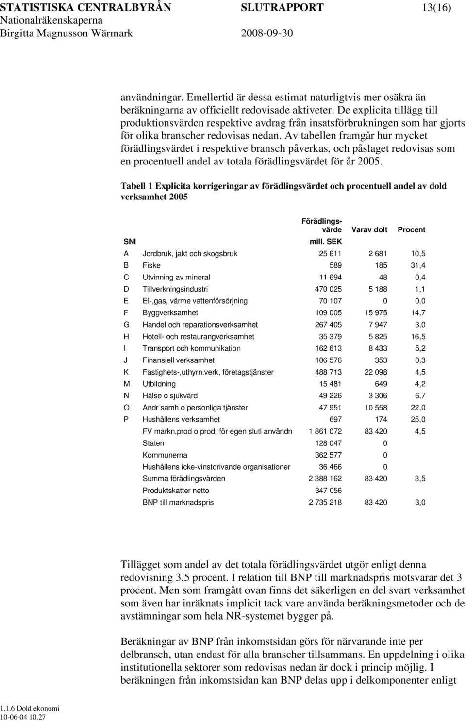 Av tabellen framgår hur mycket förädlingsvärdet i respektive bransch påverkas, och påslaget redovisas som en procentuell andel av totala förädlingsvärdet för år 2005.