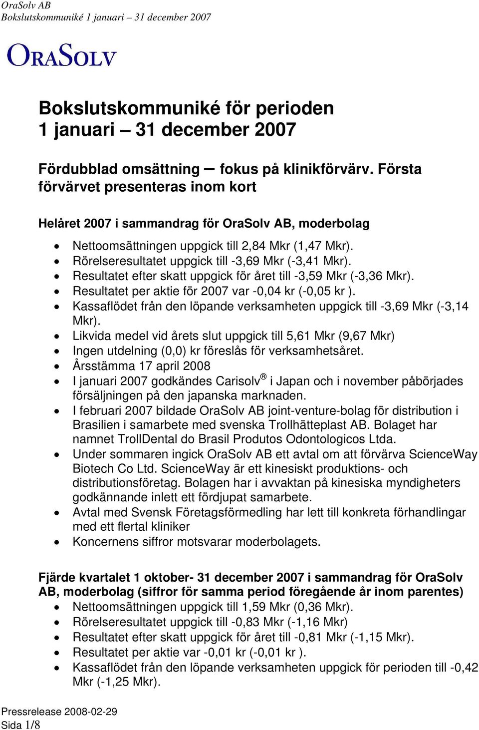 Resultatet efter skatt uppgick för året till -3,59 Mkr (-3,36 Mkr). Resultatet per aktie för 2007 var -0,04 kr (-0,05 kr ).