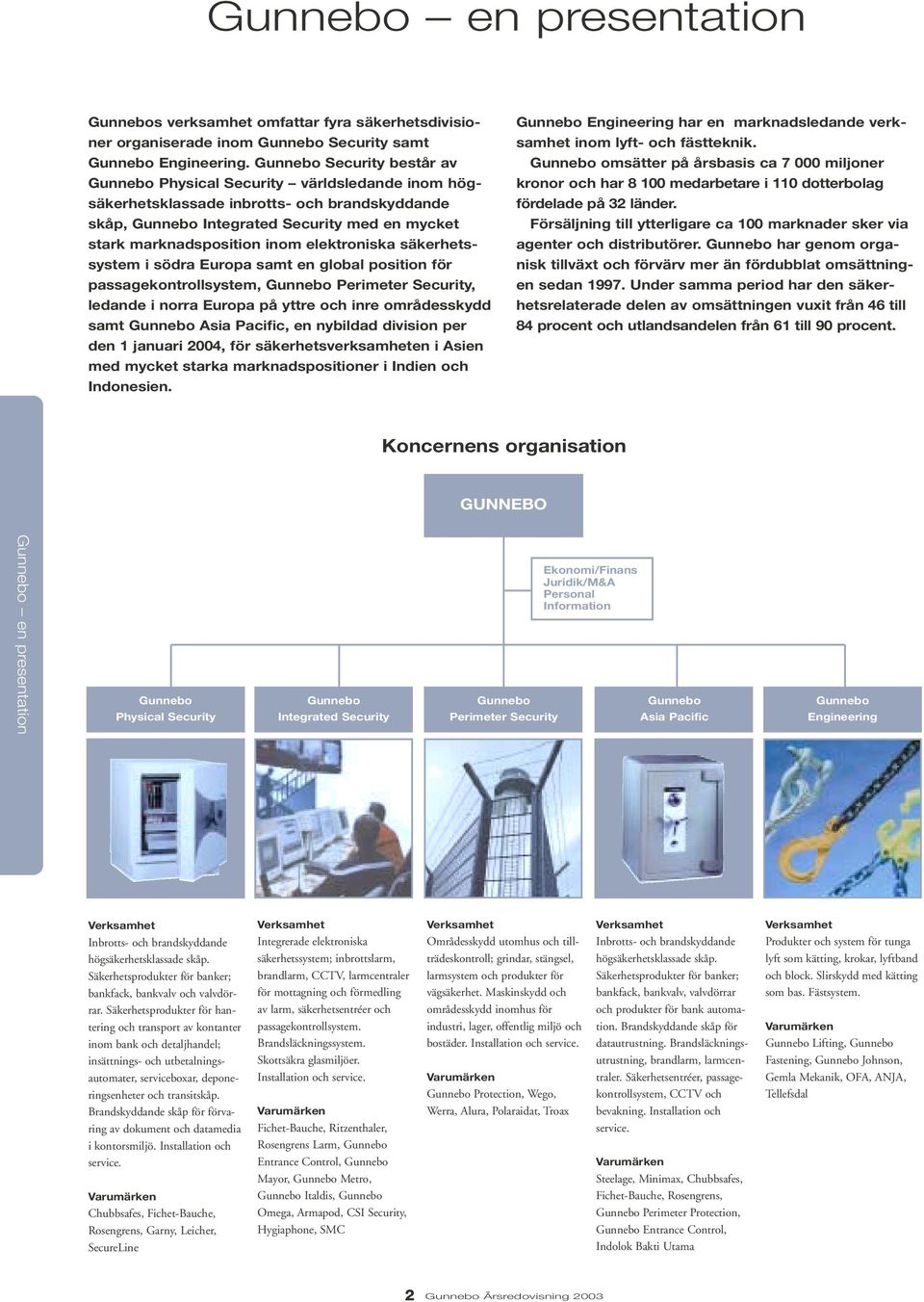 elektroniska säkerhetssystem i södra Europa samt en global position för passagekontrollsystem, Gunnebo Perimeter Security, ledande i norra Europa på yttre och inre områdesskydd samt Gunnebo Asia