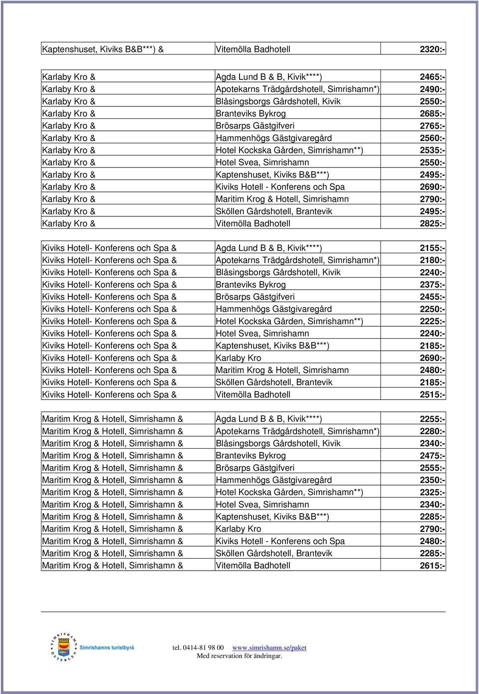 Simrishamn**) 2535:- Karlaby Kro & Hotel Svea, Simrishamn 2550:- Karlaby Kro & Kaptenshuset, Kiviks B&B***) 2495:- Karlaby Kro & Kiviks Hotell - Konferens och Spa 2690:- Karlaby Kro & Maritim Krog &