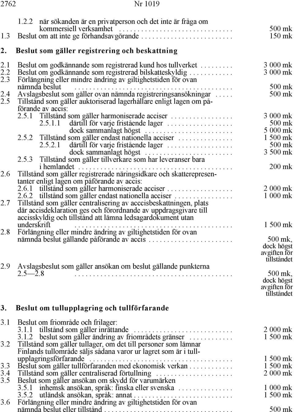 .. 500 mk 2.4 Avslagsbeslut som gäller ovan nämnda registreringsansökningar... 500 mk 2.5 Tillstånd som gäller auktoriserad lagerhållare enligt lagen om påförande av accis: 2.5.1 Tillstånd som gäller harmoniserade acciser.