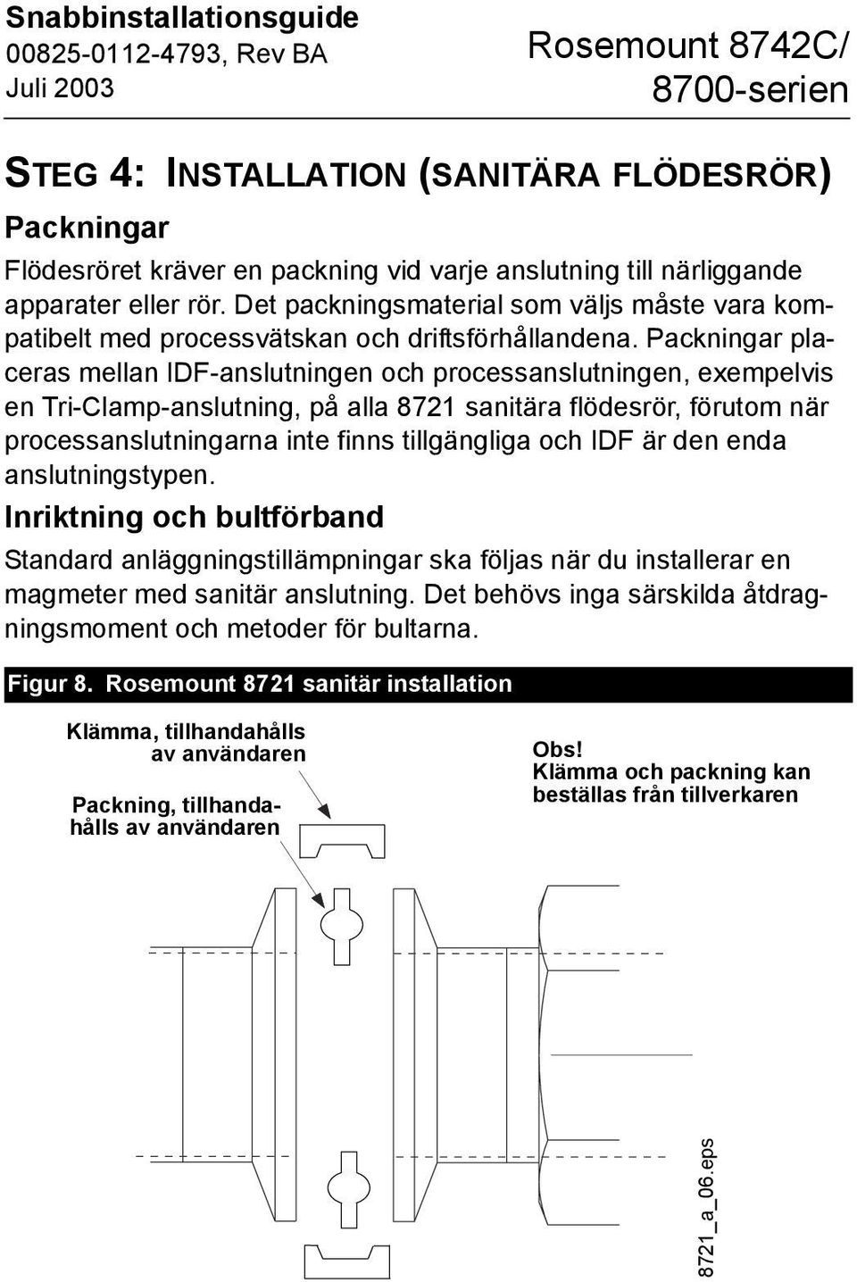 Packningar placeras mellan IDF-anslutningen och processanslutningen, exempelvis en Tri-Clamp-anslutning, på alla 8721 sanitära flödesrör, förutom när processanslutningarna inte finns tillgängliga och