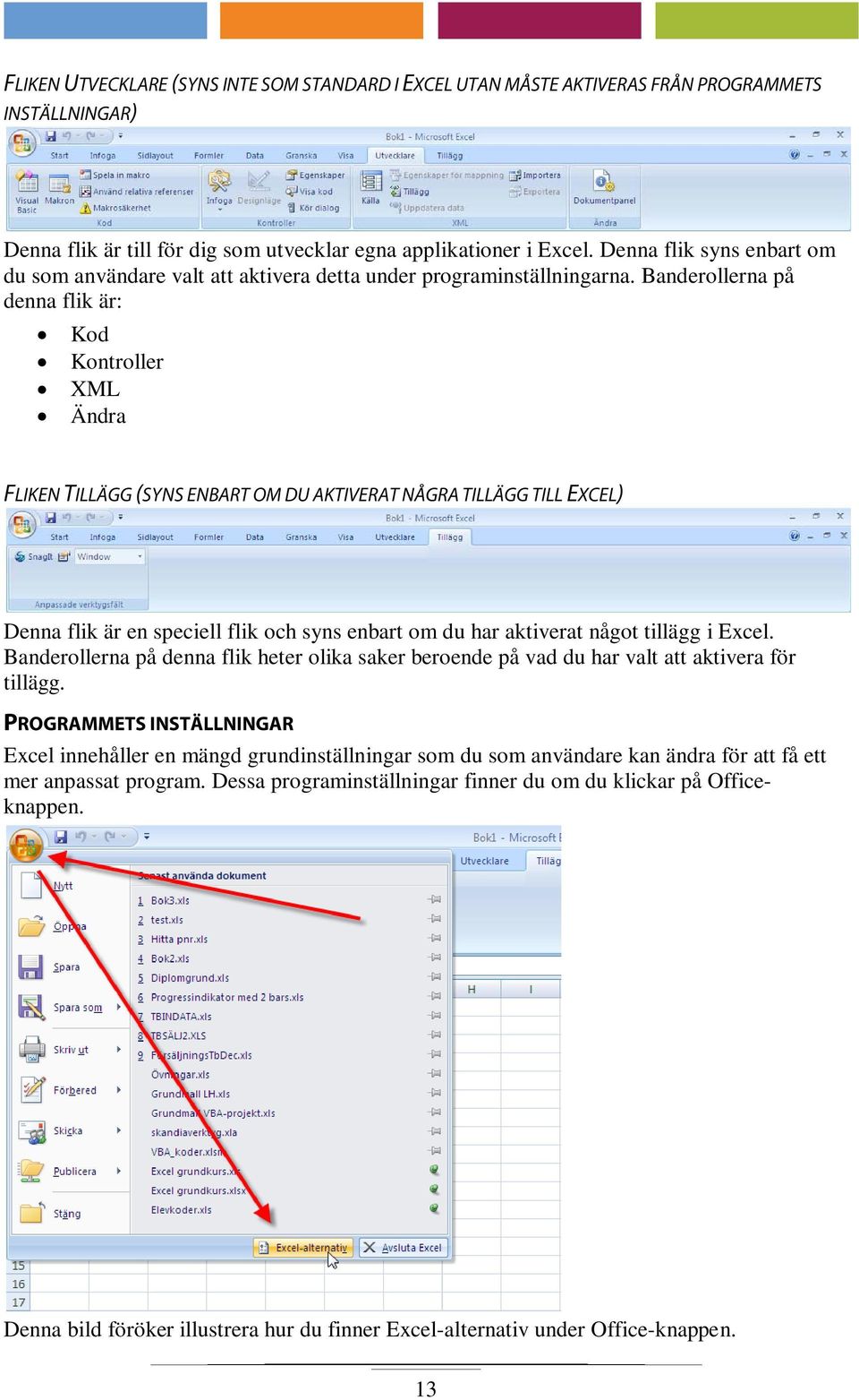 Banderollerna på denna flik är: Kod Kontroller XML Ändra FLIKEN TILLÄGG (SYNS ENBART OM DU AKTIVERAT NÅGRA TILLÄGG TILL EXCEL) Denna flik är en speciell flik och syns enbart om du har aktiverat något