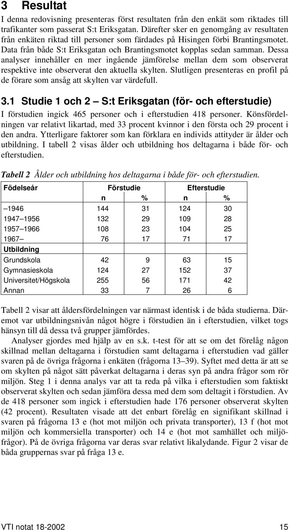 Dessa analyser innehåller en mer ingående jämförelse mellan dem som observerat respektive inte observerat den aktuella skylten.