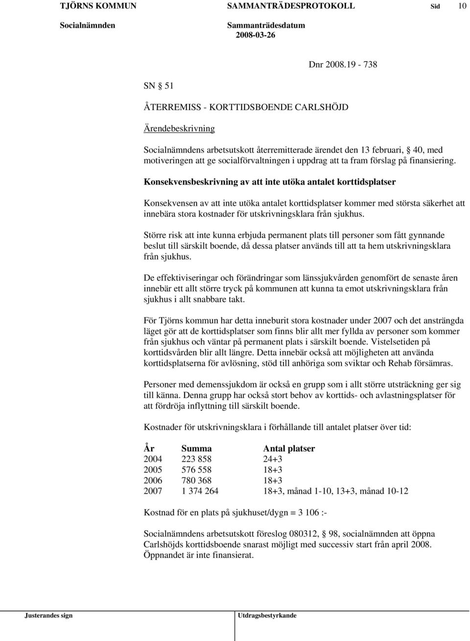 Konsekvensbeskrivning av inte utöka antalet korttidsplatser Konsekvensen av inte utöka antalet korttidsplatser kommer med största säkerhet innebära stora kostnader för utskrivningsklara från sjukhus.