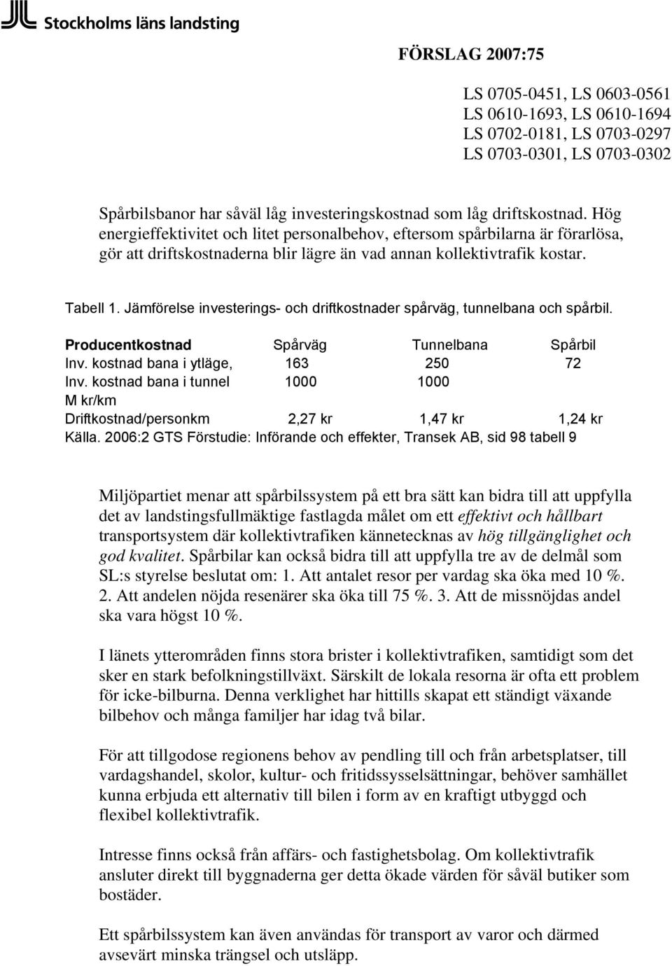 Jämförelse investerings- och driftkostnader spårväg, tunnelbana och spårbil. Producentkostnad Spårväg Tunnelbana Spårbil Inv. kostnad bana i ytläge, 163 250 72 Inv.