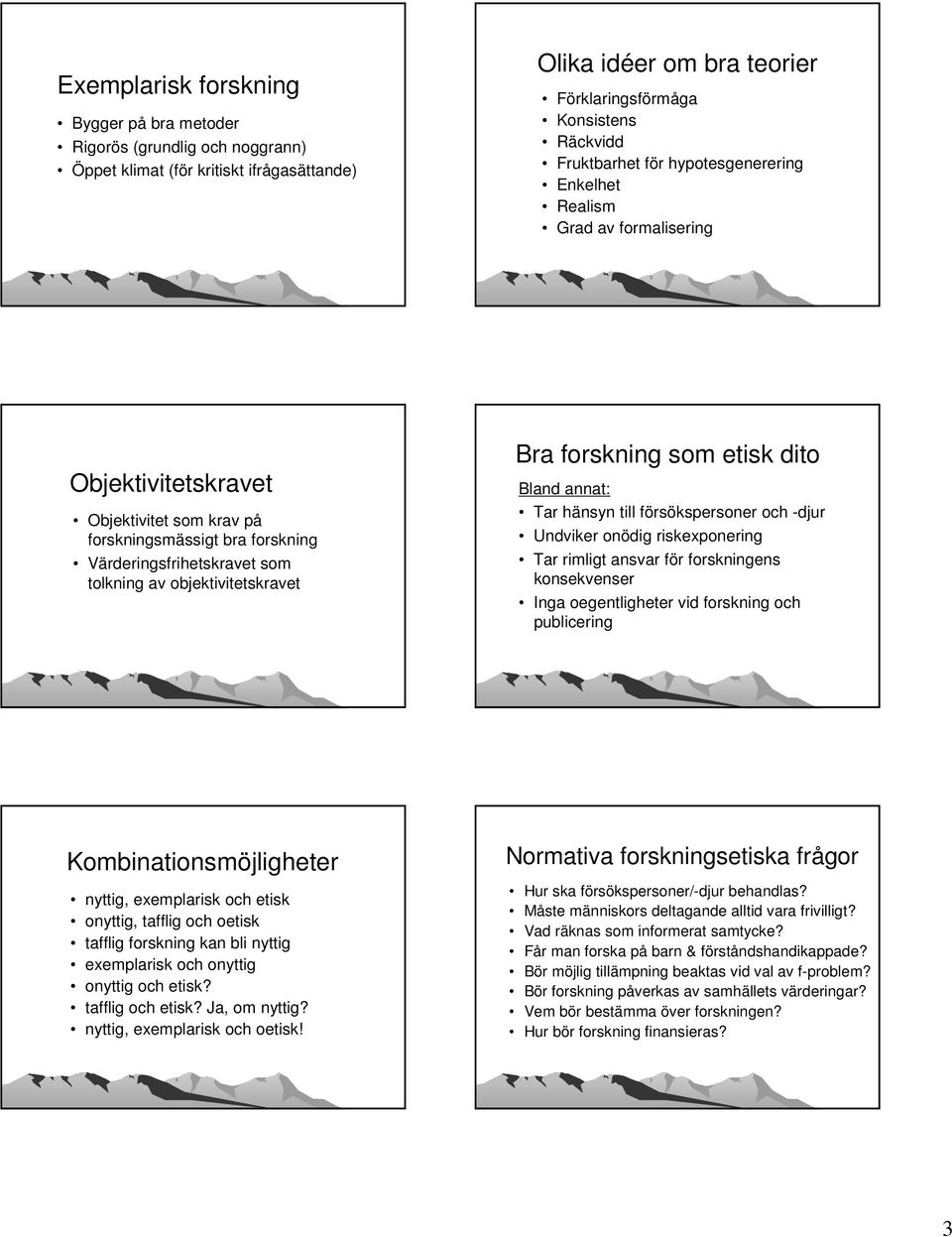 Bra forskning som etisk dito Bland annat: Tar hänsyn till försökspersoner och -djur Undviker onödig riskexponering Tar rimligt ansvar för forskningens konsekvenser Inga oegentligheter vid forskning