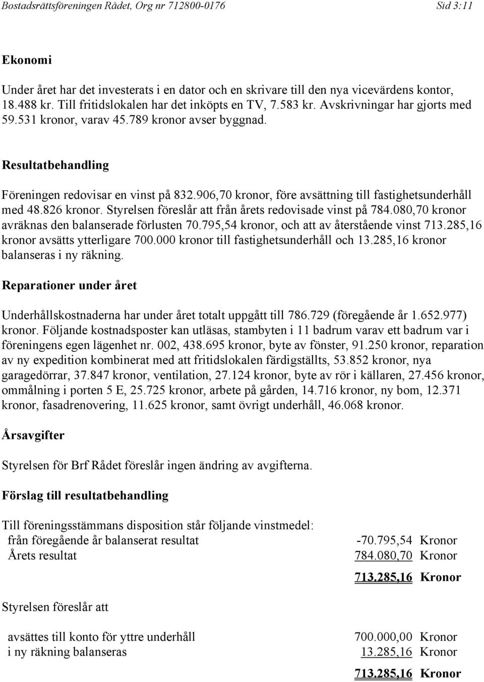 906,70 kronor, före avsättning till fastighetsunderhåll med 48.826 kronor. Styrelsen föreslår att från årets redovisade vinst på 784.080,70 kronor avräknas den balanserade förlusten 70.