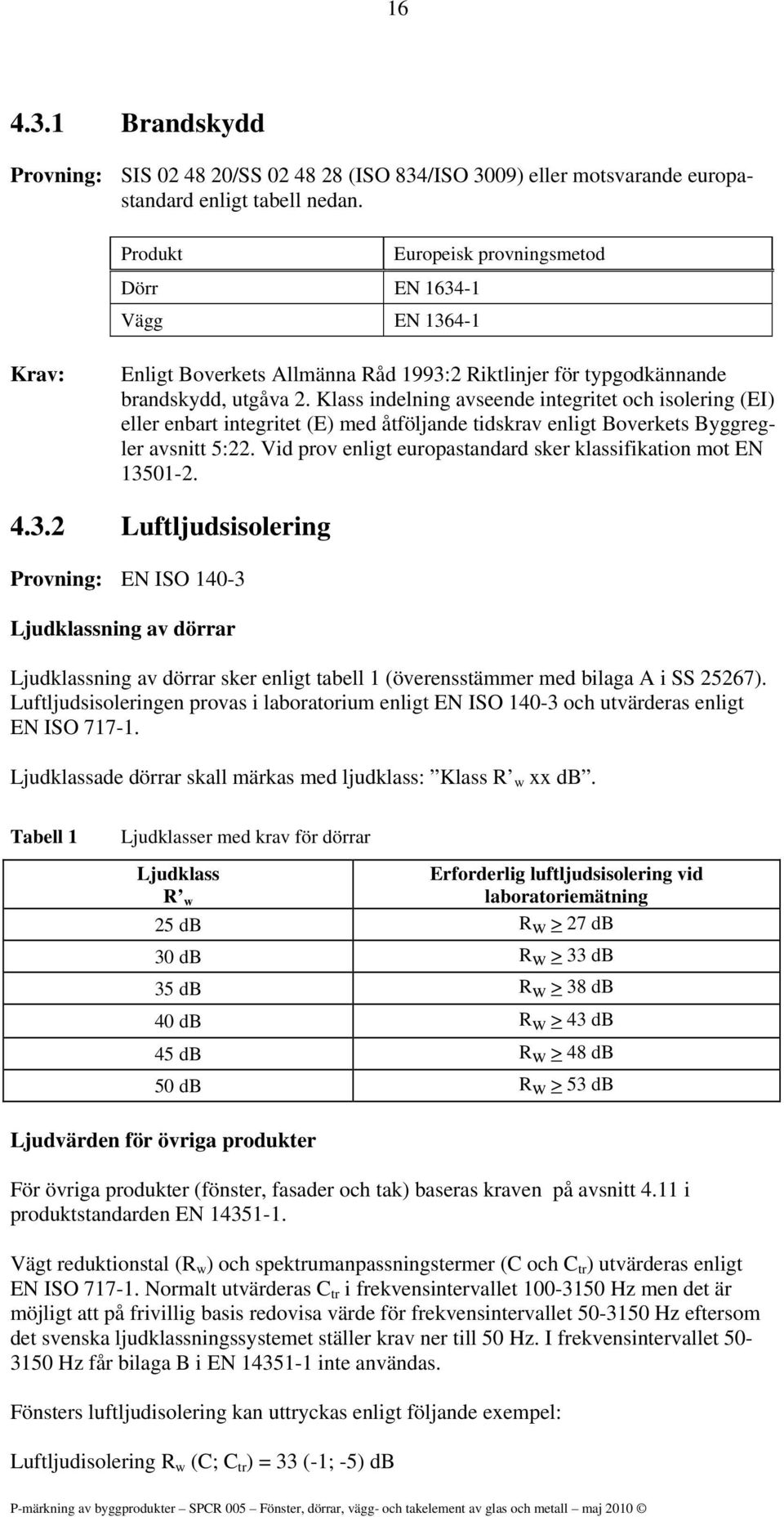 Klass indelning avseende integritet och isolering (EI) eller enbart integritet (E) med åtföljande tidskrav enligt Boverkets Byggregler avsnitt 5:22.