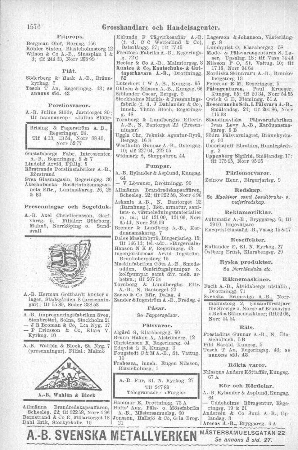 Tlf 4 13, 13 5i, Norr 88 40, Norr 5277 Gustafsbergs Fabr. Intressenter, A.-B., Regeringsg. 5 & 7 Lindohf Arvid, F'jällg. 5 Rörstrands Porslinsfabriker A.-B., Rörstrand. Svea Glasmagasin, Regeringsg.