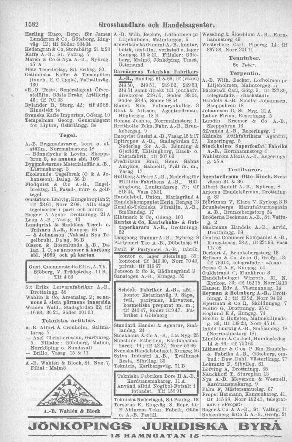 o. ställn. Norrmalmstorg 18 - Bönnelyche & Loven, Skeppsbron 8, se annons sid. 102 Byggmästarnes Materialaffär A.-B., Lästmakareg. 3, Ekolsunds Tegelbruk (O & A Johansson), Dalag.