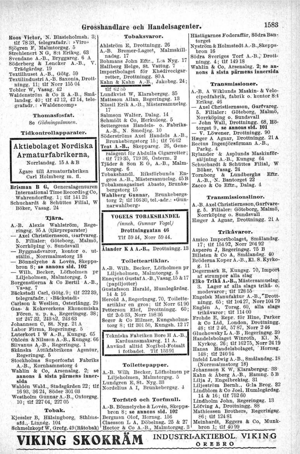 17 Södra Sveriges Torf A.-B.;- Drott- Söderberg & Lencker A.-B., V. Bohmans John Eftr., L:a Nyg. 17 ningg. 4; tlf 14918,. Trädgårdsg. 19 Hallberg Helge, se. Vattug. 7 Wahliu & Co, Arsenalsg.