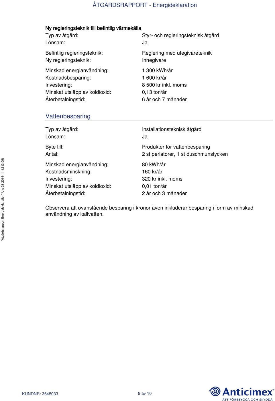 moms 0,13 ton/år 6 år och 7 månader Vattenbesparing Byte till: Antal: Installationsteknisk åtgärd Produkter för vattenbesparing 2 st perlatorer, 1 st