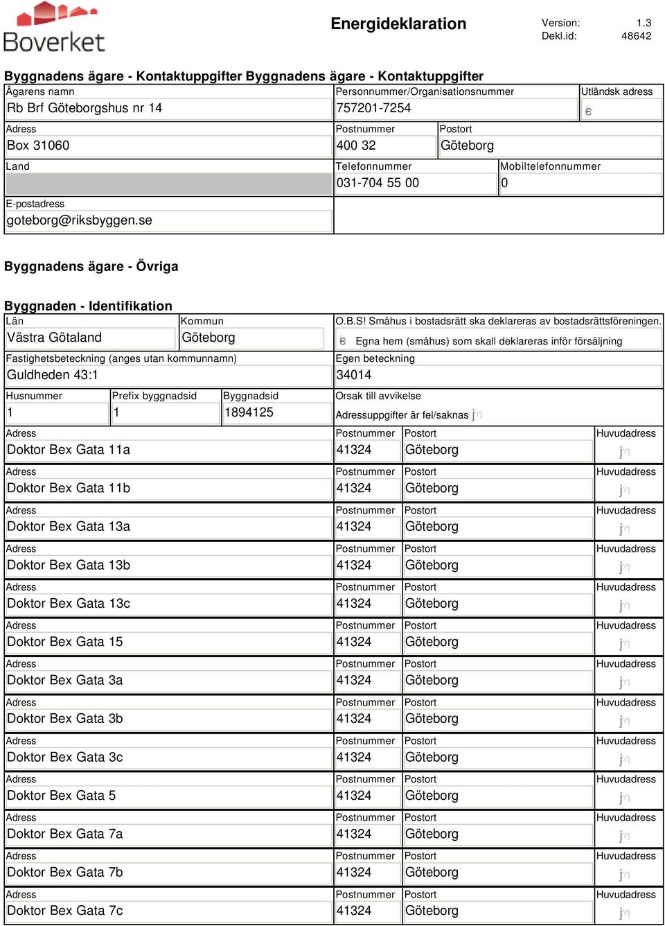 Fastighetsbeteckning (anges utan kommunnamn) Guldheden 43:1 Husnummer 1 Doktor Bex Gata 11a Doktor Bex Gata 11b Doktor Bex Gata 13a Doktor Bex Gata 13b Doktor Bex Gata 13c Doktor Bex Gata 15 Doktor