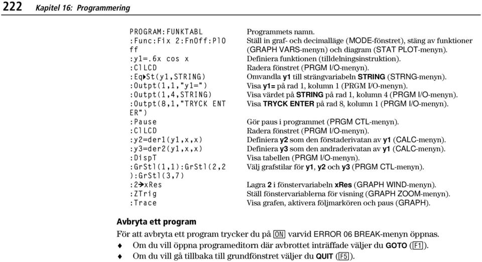 :ZTrig :Trace Programmets namn. Ställ in graf- och decimalläge (MODE-fönstret), stäng av funktioner (GRAPH VARS-menyn) och diagram (STAT PLOT-menyn). Definiera funktionen (tilldelningsinstruktion).