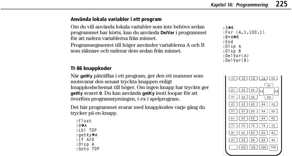 TI-86 knappkoder När getky påträffas i ett program, ger den ett nummer som motsvarar den senast tryckta knappen enligt knappkodschemat till höger. Om ingen knapp har tryckts ger getky svaret 0.