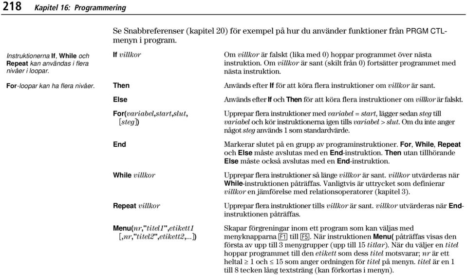 If villkor Then Else For(variabel,start,slut, ãstegä) End While villkor Repeat villkor Menu(nr,"titel1",etikett1 ã,nr,"titel2",etikett2,.