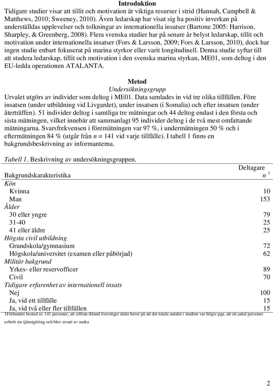 Flera svenska studier har på senare år belyst ledarskap, tillit och motivation under internationella insatser (Fors & Larsson, 2009; Fors & Larsson, 2010), dock har ingen studie enbart fokuserat på