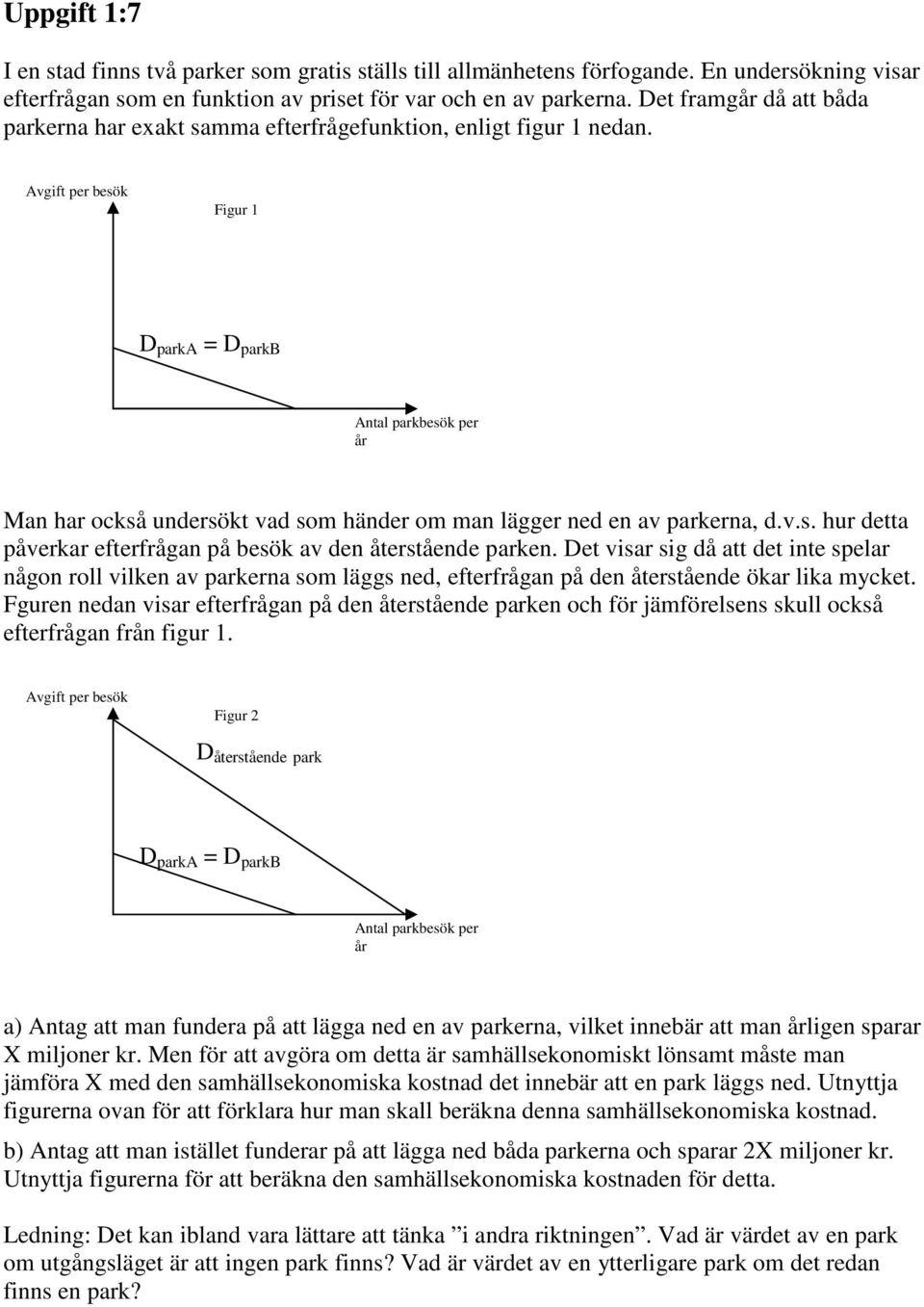 Avgift per besök Figur 1 D parka = D parkb Antal parkbesök per år Man har också undersökt vad som händer om man lägger ned en av parkerna, d.v.s. hur detta påverkar efterfrågan på besök av den återstående parken.