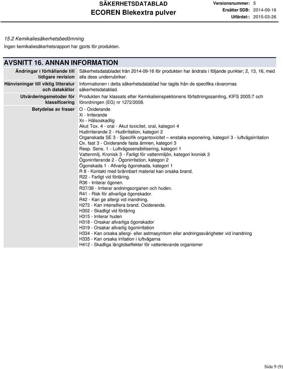 20140916 för produkten har ändrats i följande punkter; 2, 13, 16, med alla dess underrubriker. Informationen i detta säkerhetsdatablad har tagits från de specifika råvarornas säkerhetsdatablad.