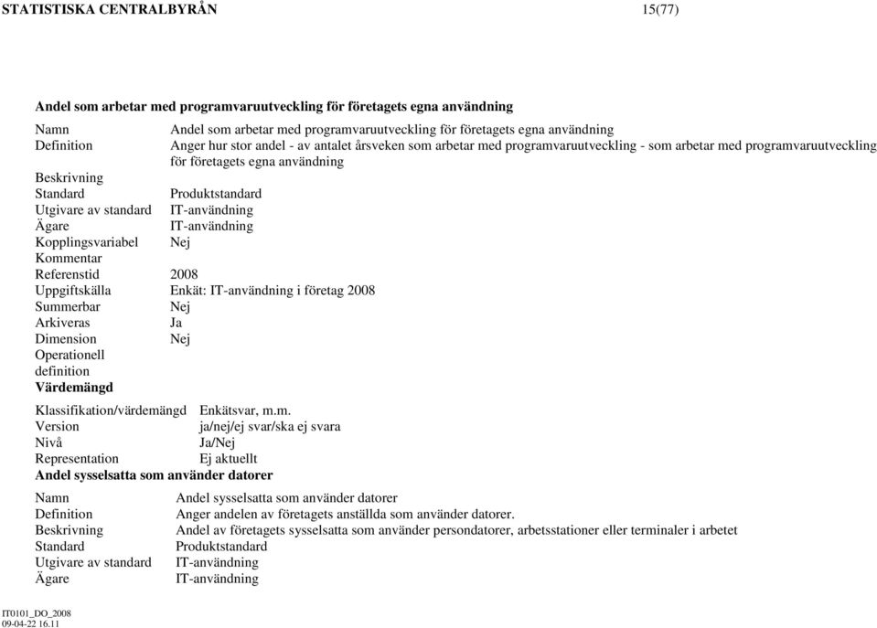 standard Kopplingsvariabel 2008 Uppgiftskälla Enkät: i företag 2008 Operationell definition / Andel sysselsatta som använder datorer Andel sysselsatta som använder datorer