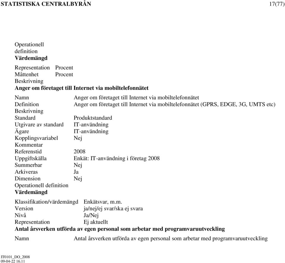 (GPRS, EDGE, 3G, UMTS etc) Utgivare av standard Kopplingsvariabel 2008 Uppgiftskälla Enkät: i företag 2008 / Antal årsverken