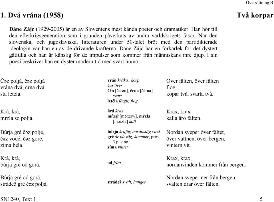 Dáne Zájc har en förkärlek för det dystert gåtfulla och han är känslig för de impulser som kommer från människans inre djup. I sin poesi beskriver han en dyster modern tid med svart humor.