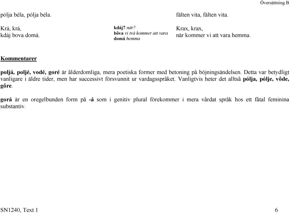 Kommentarer poljá, poljé, vodé, goré är ålderdomliga, mera poetiska former med betoning på böjningsändelsen.