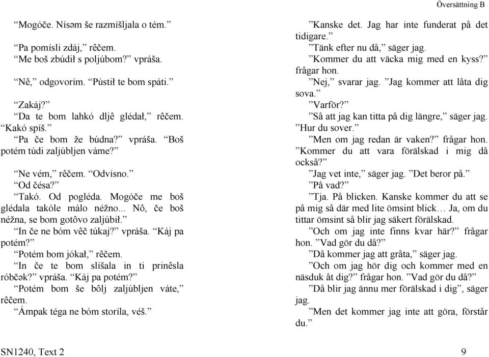 Så att jag kan titta på dig längre, säger jag. Hur du sover. Pa če bom že búdna? vpráša. Boš potém túdi zaljúbljen váme? Men om jag redan är vaken? frågar hon.