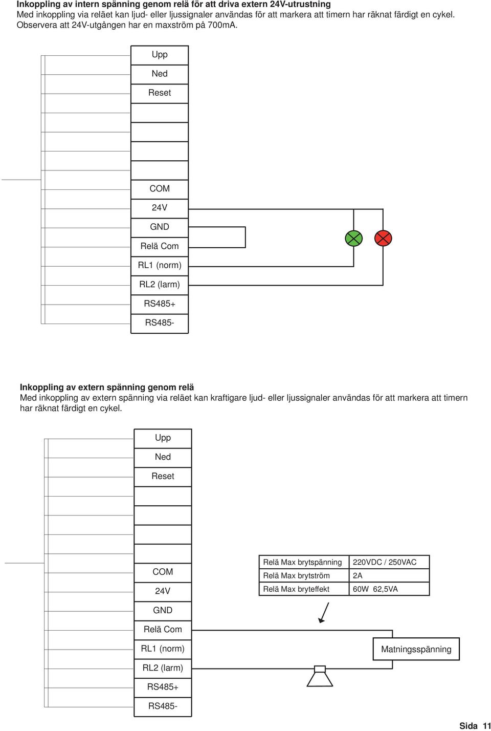 Upp Ned Reset Inkoppling av extern spänning genom relä Med inkoppling av extern spänning via reläet kan kraftigare ljud- eller ljussignaler användas för att markera att