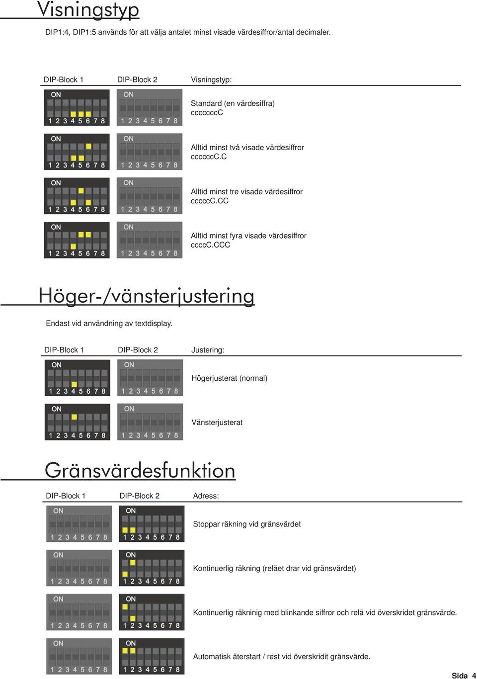 cc Alltid minst fyra visade värdesiffror ccccc.ccc Höger-/vänsterjustering Endast vid användning av textdisplay.