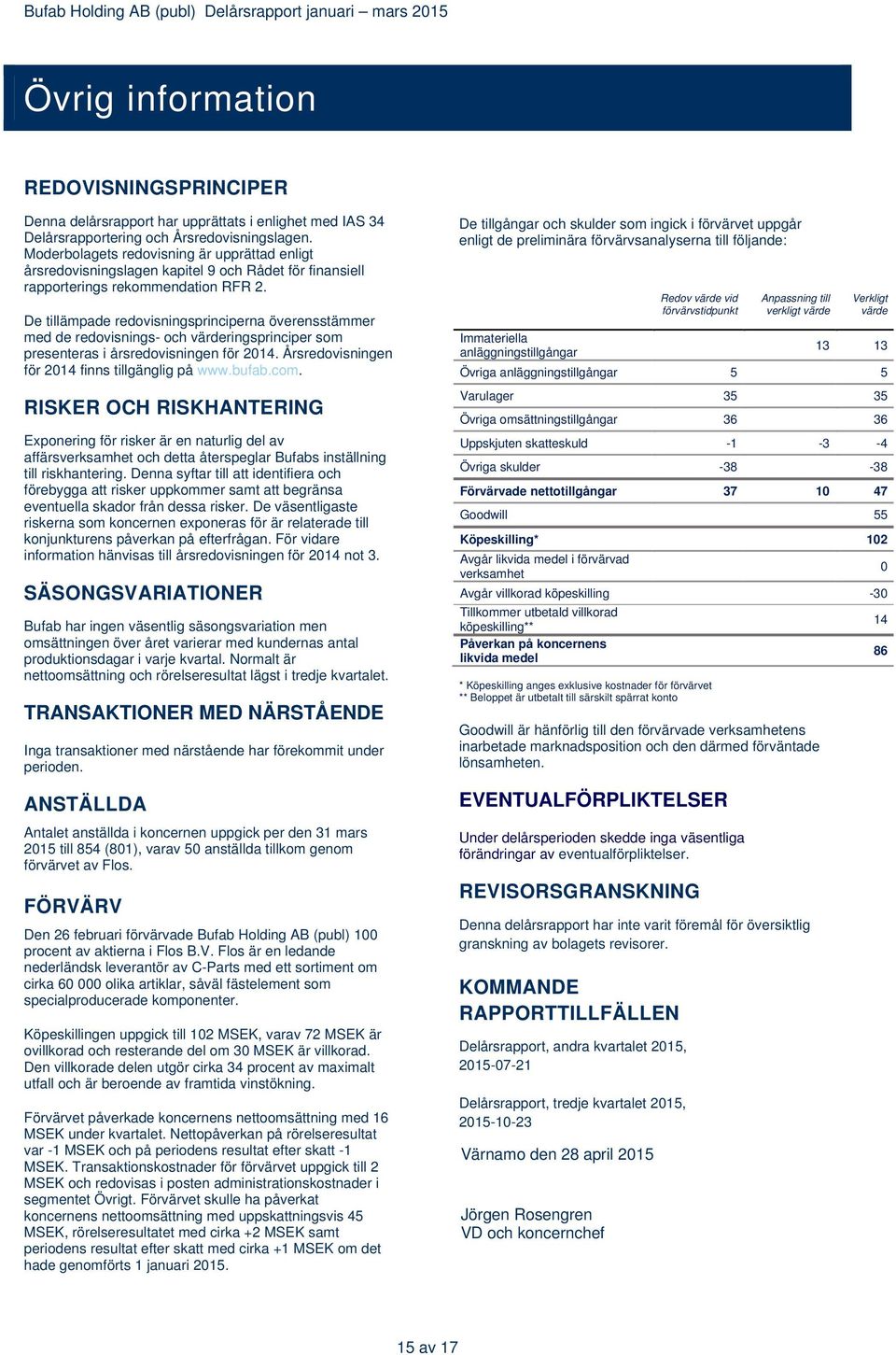 De tillämpade redovisningsprinciperna överensstämmer med de redovisnings- och värderingsprinciper som presenteras i årsredovisningen för 2014. Årsredovisningen för 2014 finns tillgänglig på www.bufab.